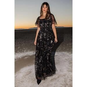 Baltic Born Black & Gold Metallic Floral Cassandra Tulle Maxi Dress Size Small